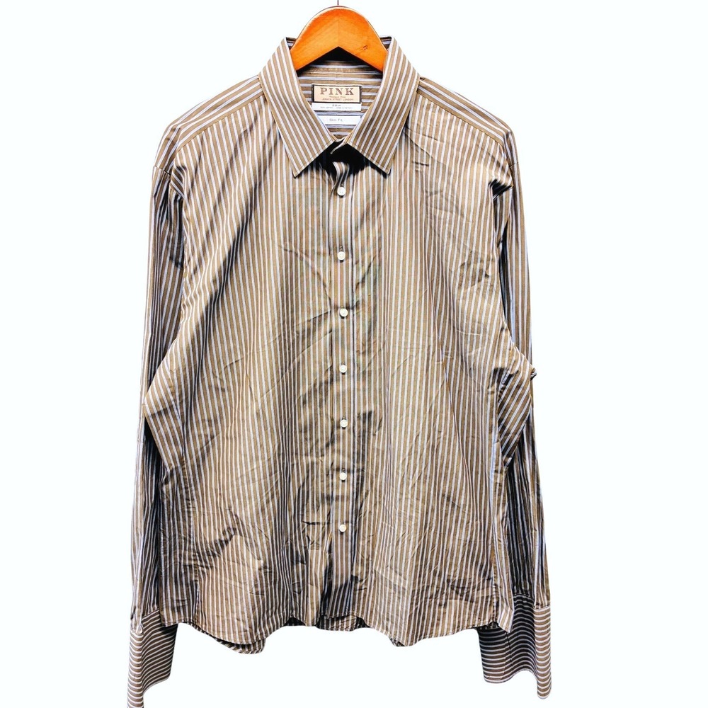 Thomas Pink French Cuff Slim Fit Dress Shirt Mens 18/46 Brown Striped Business